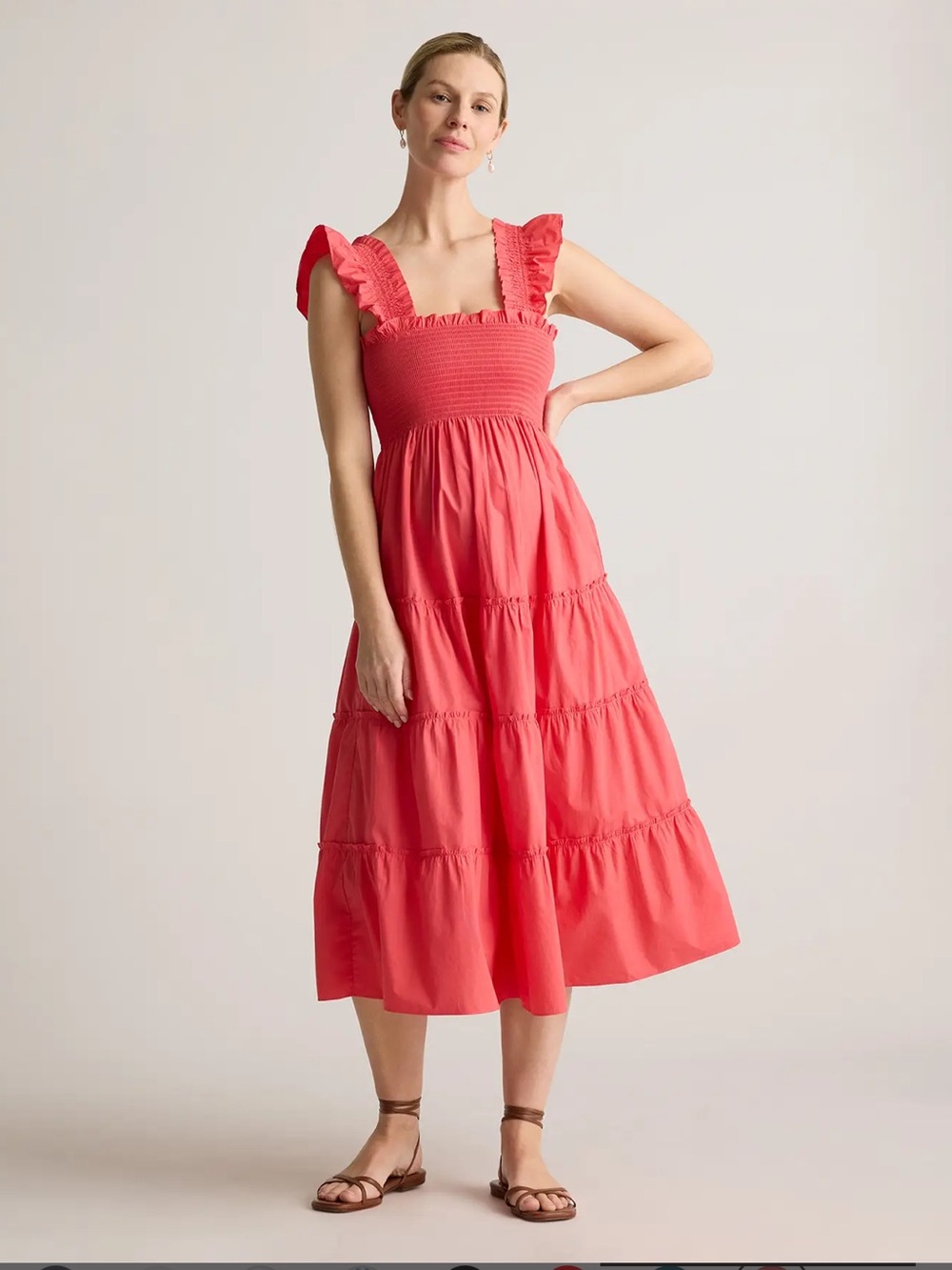 Quince Spiced Coral 100% Cotton Poplin Smocked Maternity Midi Dress Size M